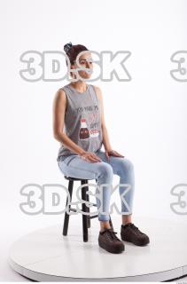 Sitting photo references of Molly blue jeans womna singlet 0006